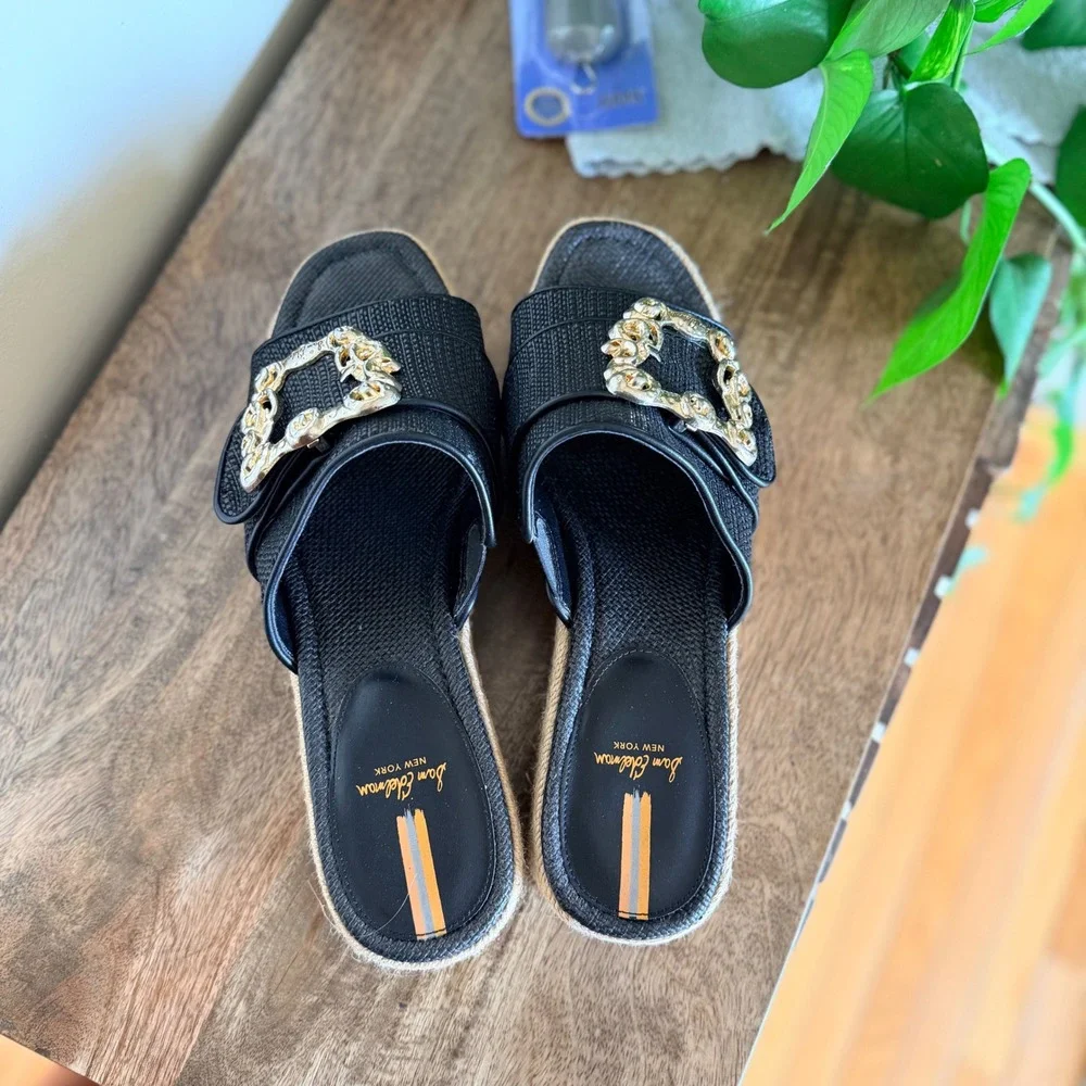 Sam Edelman Adaley‎ Black Raffia Platform Slides Resort Coastal Luxe 11